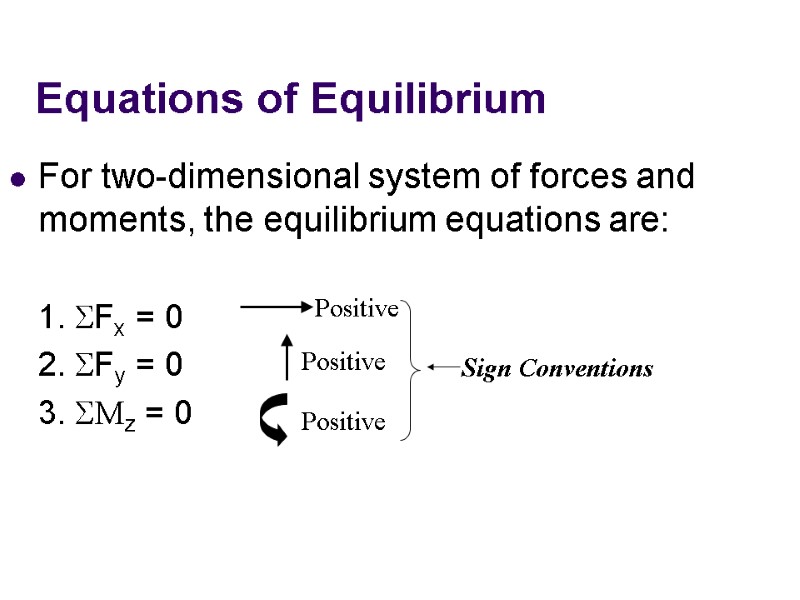 For two-dimensional system of forces and moments, the equilibrium equations are:   1.